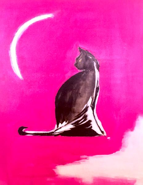Cat looking at Crescent Moon