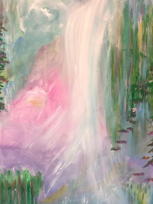 Waterfall overlooking sunset and reeds Waterfall overlooking sunset and reeds